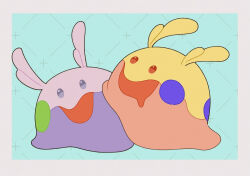 Rule 34 | animal focus, blue background, blush stickers, border, drooling, flat color, full body, gen 6 pokemon, goomy, grey border, mouth drool, nintendo, no humans, open mouth, pokemon, pokemon (creature), purple eyes, red eyes, rento, shiny and normal, shiny pokemon, slime (creature)
