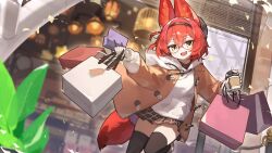 1girl :d animal_ear_fluff animal_ears bag black-framed_eyewear black_hairband black_skirt black_thighhighs blurry blurry_background brown_jacket character_request commentary_request commission copyright_request cup disposable_coffee_cup disposable_cup fox_ears fox_girl fox_tail glasses hair_between_eyes hairband harufude highres holding holding_bag holding_cup hood hood_down hoodie jacket jacket_over_hoodie long_sleeves looking_at_viewer medium_hair miniskirt open_clothes open_jacket open_mouth pixiv_commission red_hair round_eyewear shopping_bag skirt smile solo tail teeth thighhighs upper_teeth_only watermark white_hoodie yellow_eyes