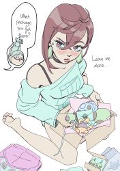 Rule 34 | 2girls, absurdres, accessories, alien, ayase momo, ayase seiko, bare legs, bare shoulders, barefoot, black choker, blush, box, bra strap, brown eyes, brown hair, canapeeeee, cardboard box, charm (object), choker, closed mouth, commentary, crossed bangs, dandadan, earrings, english commentary, english text, feet, full body, glasses, grandmother and granddaughter, grey hair, hair between eyes, highres, jewelry, letter, lips, long sleeves, multiple girls, off-shoulder shirt, off shoulder, pink lips, shirt, short hair, sitting, speech bubble, sweatdrop, toy, ufo, wariza, white shirt