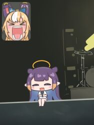 &gt;_&lt; 2girls :d absurdres blonde_hair blush_stickers chibi commentary drum drum_set english_commentary fan_screaming_at_madison_beer_(meme) fang halo highres hololive hololive_english instrument meme microphone mpien multicolored_hair multiple_girls ninomae_ina&#039;nis open_mouth orange_hair pointy_ears ponytail purple_hair shiranui_flare shirt sitting smile streaked_hair t-shirt takodachi_(ninomae_ina&#039;nis) tears tentacle_hair virtual_youtuber white_hair xd