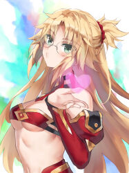1girl alternate_hair_length alternate_hairstyle bespectacled blonde_hair blowing_kiss blush braid breasts cleavage commentary detached_collar detached_sleeves fate/apocrypha fate/grand_order fate_(series) glasses green_eyes heart highres long_hair looking_at_viewer medium_breasts mordred_(fate) mordred_(fate/apocrypha) red_sleeves solo symbol-only_commentary tonee upper_body