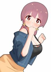 1girl black_camisole breasts brown_eyes camisole cleavage commentary happyundergate highres jacket large_breasts light_blush looking_at_viewer low_twintails medium_hair murosaki_miyo off_shoulder onii-chan_wa_oshimai! open_clothes open_jacket red_hair simple_background skirt smile solo twintails white_background yellow_skirt