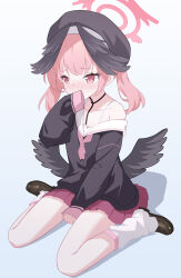 1girl absurdres beret black_hat black_serafuku black_shirt black_shoes black_wings blue_archive blush commentary covering_own_mouth detached_leggings feathered_wings halo hat head_wings highres koharu_(blue_archive) low_wings neckerchief nose_blush pink_eyes pink_hair pink_neckerchief red_halo red_skirt sailor_collar school_uniform serafuku shadow shirt shoes simple_background single_bare_shoulder sitting skirt sleeves_past_fingers sleeves_past_wrists solo twintails ula_cabbage wariza white_background white_sailor_collar wings