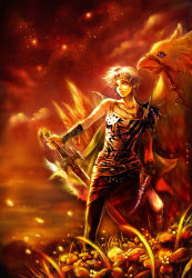 1990s_(style) 1boy alternate_costume boco bartz_klauser chocobo dissidia_final_fantasy final_fantasy final_fantasy_v male_focus orange_theme red_theme sword tsuya_iruka weapon