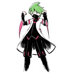 1boy bede_(champion)_(pokemon) bede_(pokemon) bede_(pokemon)_(cosplay) black_headband black_leggings black_shorts clenched_hands coat collared_coat commentary cosplay ffccll green_hair grey_eyes hands_up headband leggings male_focus mask mouth_mask nintendo open_clothes open_coat pokemon pokemon_masters_ex pokemon_oras short_hair shorts simple_background solo wally_(pokemon) white_background white_coat