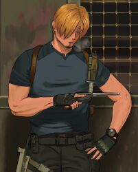 1boy cigarette cosplay curly_eyebrows facial_hair gloves gun hair_over_one_eye holding holding_gun holding_weapon leon_s._kennedy leon_s._kennedy_(cosplay) male_focus mustache_stubble one_piece resident_evil resident_evil_4 resident_evil_4_(remake) sanji_(one_piece) sanjifull shirt smoking solo stubble weapon