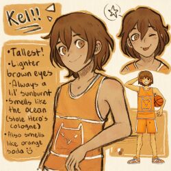 1boy brown_eyes brown_hair character_name closed_mouth collarbone dark-skinned_male dark_skin english_text highres kel_(faraway)_(omori) kel_(omori) looking_at_viewer male_focus official_art_inset omori one_eye_closed ottie_pops reference_inset short_hair smile solo tongue tongue_out
