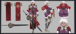 1girl armor ass black_gloves blush breasts cleavage commission dark-skinned_female dark_skin gloves greaves hair_over_one_eye hand_on_own_hip high_heels highres holding holding_sword holding_weapon large_breasts looking_at_viewer multiple_views original pauldrons purple_eyes reference_sheet short_hair shoulder_armor skeb_commission sword teddypocky thighhighs weapon wedgie white_hair white_thighhighs