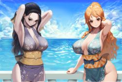 Rule 34 | 2girls, arm support, armpits, arms up, bare shoulders, black hair, blue dress, blue eyes, blue kimono, blue sky, breasts, brown eyes, cleavage, closed mouth, cloud, dress, floral print, floral print kimono, hair slicked back, high ponytail, japanese clothes, kimono, large breasts, letdie1414, long hair, multiple girls, nami (one piece), nami (one piece) (wano), nico robin, obi, ocean, one piece, orange hair, outdoors, pelvic curtain, ponytail, print kimono, purple dress, purple kimono, railing, revealing clothes, sash, short kimono, single sidelock, sky, sleeveless, sleeveless kimono, smile, thighs, water