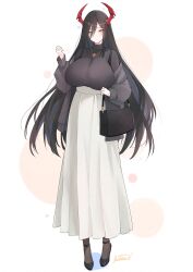 1girl artist_name azur_lane bag black_bag black_hair black_shoes blush breasts casual commentary_request commission eyes_visible_through_hair friedrich_der_grosse_(azur_lane) hair_between_eyes high-waist_skirt high_heels highres horns jewelry large_breasts livetarica long_bangs long_hair long_hair_between_eyes long_skirt long_sleeves looking_at_viewer mechanical_horns necklace off_shoulder red_horns shoes shoulder_bag skeb_commission skirt smile solo star_(symbol) sweater turtleneck turtleneck_sweater very_long_hair white_background white_skirt yellow_eyes