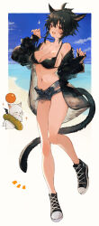 1girl ahoge animal_ears bare_shoulders beach bikini black_bikini black_coat black_hair black_shoes blue_shorts border breasts cat_ears cat_girl cat_tail cleavage coat commentary_request commission cross-shaped_pupils cutoffs day denim denim_shorts facial_mark fang final_fantasy final_fantasy_xiv full_body hair_between_eyes high_tops highres innertube kemomin_nosuke large_breasts long_sleeves looking_at_viewer micro_shorts miqo&#039;te moogle navel notice_lines ocean off_shoulder open_clothes open_coat open_mouth outside_border puffy_long_sleeves puffy_sleeves red_eyes shoes shore short_hair shorts skin_fang sleeves_past_wrists smile sneakers strap_pull swim_ring swimsuit symbol-shaped_pupils tail torn_clothes torn_shorts warrior_of_light_(ff14) whisker_markings white_border