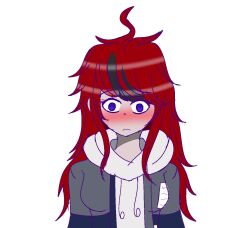 1girl ahoge blue_eyes blush closed_mouth genderswap genderswap_(mtf) hood hoodie long_hair male_focus multicolored_eyes multicolored_hair red_eyes red_hair simple_background solo sumino_takumi the_hundred_line_-last_defense_academy- white_background