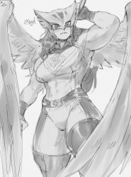 1girl abs absurdres armpits artist_name belt bodysuit dc_comics feathered_wings fingerless_gloves frown gabriel_ales gloves greyscale hawkgirl helmet highres long_hair mace mask monochrome muscular muscular_female signature simple_background sleeveless solo spiked_mace spikes superman_(series) weapon winged_helmet wings
