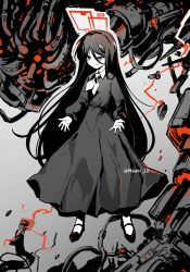 1girl absurdres alternate_universe aris_(blue_archive) black_dress black_hair black_hairband black_shoes blue_archive bright_pupils closed_mouth commentary dark_persona dress electricity english_commentary evil_smile floating full_body greyscale hairband halo highres long_hair long_sleeves maaki12 machinery mary_janes monochrome neckerchief outstretched_hand red_eyes red_halo ringed_eyes shoes smile solo spot_color swept_bangs twitter_username very_long_hair