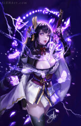 1girl breasts bridal_gauntlets bug butterfly cleavage engulfing_lightning_(genshin_impact) fangs flower genshin_impact highres human_scabbard insect japanese_clothes kimono large_breasts lips long_hair looking_at_viewer low-braided_long_hair low-tied_long_hair mole mole_under_eye obiage open_mouth purple_eyes purple_flower purple_hair purple_kimono raiden_shogun sizna_(sangrde) solo thighhighs
