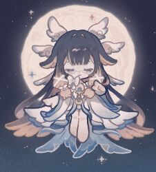 Rule 34 | 1girl, absurdly long hair, angel wings, black hair, blunt bangs, blunt tresses, blush, chibi, closed mouth, colored inner hair, columbina (genshin impact), dress, eye mask, eyelashes, eyes visible through eyewear, facing viewer, floating, full moon, genshin impact, hair intakes, hair ribbon, hair tubes, harukui, head wings, levitation, long hair, long sleeves, moon, multicolored hair, multiple wings, night, night sky, outdoors, pink hair, ribbon, sky, smile, solo, star (sky), starry sky, straight-on, streaked hair, tress ribbon, very long hair, white dress, white ribbon, white sleeves, white wings, wide sleeves, wings