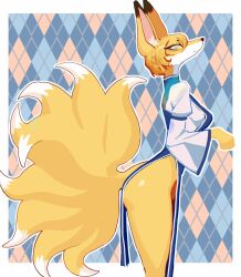 1girl animal_ears animal_nose argyle_background artist_request blonde_hair border check_artist dress fox_ears fox_girl fox_tail from_side furrification furry furry_female hair_between_eyes highres juliet_sleeves keemoringo long_sleeves multiple_tails outline outside_border pelvic_curtain profile puffy_sleeves sideways_glance snout solo tail touhou white_border white_outline yakumo_ran yellow_eyes