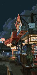 animated animated_gif building bush city cloud cumulonimbus_cloud dark food_stand industrial_pipe lamppost looping_animation menu night no_humans original outdoors palm_tree pixel_art plant potted_plant railing scenery sign sky star_(sky) starry_sky table tree vending_machine waneella