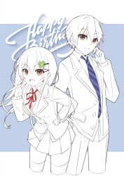 1boy 1girl blue_necktie breasts brown_eyes date_a_live genderswap genderswap_(mtf) hair_ornament hairclip happy_birthday highres itsuka_shido itsuka_shiori jacket long_hair medium_breasts mo_(pixiv9929995) neck_ribbon necktie open_mouth pleated_skirt raizen_high_school_uniform red_ribbon ribbon school_uniform shirt short_hair sketch skirt smile spot_color thighhighs v-shaped_eyebrows