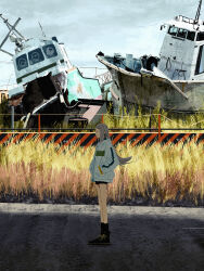 1girl absurdres black_shoes black_socks boat commentary day english_commentary fence field gakuen_idolmaster hands_in_pockets highres hood hood_down hooded_jacket idolmaster jacket long_hair long_sleeves outdoors road sakutaro_(39ar_39ca) shinosawa_hiro shoes sky sneakers socks solo standing watercraft white_jacket wide_shot