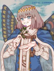 1boy blue_cloak blue_eyes blue_sky bob_cut butterfly_wings cloak cloud cloudy_sky collared_shirt commentary commentary_request day diamond_hairband english_commentary fate/grand_order fate_(series) flower frilled_shirt_collar frilled_sleeves frills fur-trimmed_cloak fur_trim grey_hair grin hairband hands_up highres holding holding_flower insect_wings juliet_sleeves long_sleeves looking_at_viewer male_focus medium_hair mixed-language_commentary mo10206003 oberon_(fate) oberon_(first_ascension)_(fate) puffy_sleeves purple_flower shirt sky smile solo thistle thorns white_shirt wing_collar wings yellow_hairband