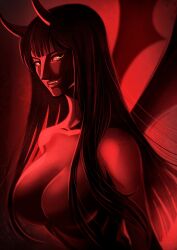 Rule 34 | 1girl, absurdres, alternate form, arms at sides, black hair, blunt bangs, colored skin, demon, demon girl, demonio fleur, female focus, hair censor, hana hana no mi, highres, horns, oversized wings, long hair, looking at viewer, nico robin, nude, one piece, red skin, shuravf, solo, spoilers, very long hair, wings, yellow eyes