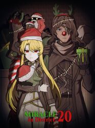 1boy 1girl absurdres antlers asdf1211950 black_gloves blonde_hair brown_coat brown_hair closed_mouth coat cowboy_shot don_quixote_(project_moon) dullahan_(project_moon) eyepatch gloves gnome_(project_moon) gold_trim headless heathcliff_(project_moon) highres horns la_manchaland_(identity)_(project_moon) limbus_company long_hair long_sleeves looking_at_viewer pants parted_bangs project_moon purple_eyes red_eyes reindeer_antlers sancho_(project_moon) sidelocks very_long_hair white_pants wuthering_heights_(identity)_(project_moon)
