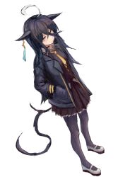 1girl ahoge animal_ears black_choker black_hair black_pantyhose black_shirt black_skirt blue_jacket choker collared_shirt ear_tag earrings hair_between_eyes horse_ears horse_girl horse_tail jacket jewelry long_bangs long_hair long_hair_between_eyes long_sleeves manhattan_cafe_(umamusume) multicolored_hair necktie open_clothes open_jacket pantyhose pleated_skirt school_uniform shirt shoes single_earring skirt solo tail umamusume white_hair yanagi_wakana yellow_eyes yellow_necktie