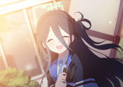 1girl aris_(blue_archive) black_hair black_hairband black_jacket blue_archive blue_halo blue_necktie blush box closed_eyes game_cg hair_between_eyes hairband halo highres holding holding_box jacket long_bangs looking_at_viewer necktie non-web_source official_art one_side_up open_mouth shirt solo teeth upper_body upper_teeth_only white_shirt