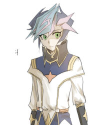 Rule 34 | 1boy, alternate costume, alternate universe, arms at sides, black gloves, black hair, blue trim, elbow gloves, facing viewer, fujiki yusaku, gloves, green eyes, high collar, jacket, looking to the side, male focus, military jacket, military uniform, novale110, popped collar, spiked hair, tunic, white background, white tunic, yellow trim, yu-gi-oh!, yu-gi-oh! vrains