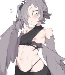 1girl absurdres animal_ears bare_shoulders bird_ears black_panties blush claws commentary crop_top feathered_wings flat_chest flying_sweatdrops green_eyes grey_feathers grey_hair grey_wings hair_over_one_eye harpy highleg highleg_panties highres midriff monster_girl navel nipples one_breast_out original panties playing_with_own_hair side_ponytail simple_background sleeveless solo thus0thus underwear white_background winged_arms wings