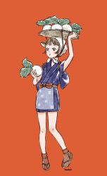 1girl animal_crossing arm_up basket blue_kimono brown_hair daisy_mae_(animal_crossing) highres humanization japanese_clothes kimono leaf nintendo object_on_head red_background sandals short_hair short_kimono simple_background solo tronc turnip