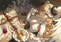 1girl alcohol blonde_hair breasts cat cleavage curled_horns demon_horns feathered_wings food fork from_above heartki highres holding holding_fork holding_plate horns large_breasts long_hair original plant plate potted_plant sitting table very_long_hair wine wings yellow_eyes