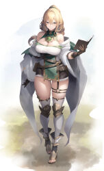 1girl absurdres baketsu bare_shoulders belt_pouch blonde_hair book boots breasts brown_gloves cleavage commentary_request elf full_body gem gloves green_gemstone green_hair hair_between_eyes highres holding holding_book large_breasts long_sleeves looking_at_viewer o-ring o-ring_thigh_strap open-toe_boots open_book original pelvic_curtain pointy_ears pouch thigh_strap thighhighs walking white_thighhighs