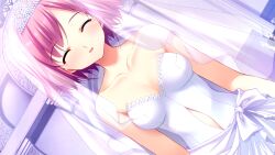 1girl :d bare_shoulders breasts bridal_veil bride closed_eyes collarbone dress facing_viewer fumio_(ura_fmo) grisaia_(series) grisaia_no_meikyuu indoors komine_sachi medium_breasts non-web_source open_mouth parted_lips pink_hair short_hair smile solo strapless strapless_dress tiara veil wedding_dress white_dress white_veil