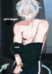 1boy bandage_on_cheek bandage_on_nipple bishounen black_bandages black_nails black_pants black_undershirt blue_eyes blue_horns blue_tail blue_tongue colored_tongue commentary demon_boy demon_tail double-parted_bangs english_commentary english_text highres horns ice indie_virtual_youtuber inukai_mado light_blush pale_skin pants senz_(second_costume) senz_(vtuber) solo sweat tail toned toned_male tongue tongue_out topless_male undressing upper_body virtual_youtuber white_hair