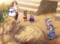 Rule 34 | 1boy, 4girls, alice margatroid, ascot, black hat, blonde hair, blue hair, bow, brown hair, buront, chiaki rakutarou, detached sleeves, dress, final fantasy, final fantasy xi, frilled bow, frills, hair bow, hairband, hakurei reimu, hat, hinanawi tenshi, kijin seija, middle finger, mother (series), mother 2, multiple boys, multiple girls, nintendo, palm tree, pink hairband, pink ribbon, purple dress, red bow, red shirt, red skirt, ribbon, shanghai doll, shirt, skirt, smile, sphinx of giza, the iron of yin and yang, touhou, tree, v, white shirt, yellow ascot