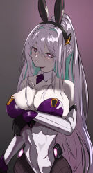 Rule 34 | 1girl, absurdres, azur lane, black gloves, breasts, cleavage, closed mouth, cowboy shot, fuyuame5089, gloves, gradient background, highres, huge breasts, kearsarge (all night charge) (azur lane), kearsarge (azur lane), leotard, long hair, multicolored leotard, pink eyes, purple background, purple leotard, solo, two-tone leotard, very long hair, white hair, white leotard