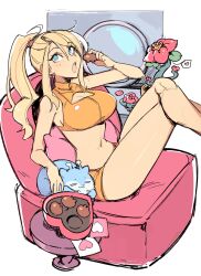 1girl alien almightychiru blonde_hair blue_eyes box breasts cat chocolate cleavage cleavage_cutout clothing_cutout commentary couch crop_top crossed_legs english_commentary etecoon food hair_between_eyes heart heart-shaped_box high_ponytail highres holding holding_chocolate holding_food large_breasts long_hair metroid navel nintendo on_couch open_mouth orange_shorts ponytail samus_aran shorts sidelocks sitting solo speech_bubble spoken_heart