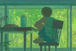 1boy barefoot blue_shorts book book_stack brown_hair chair glass green_theme highres knees_up male_focus milk_carton oosan1020 original plant potted_plant shirt short_hair shorts signature sitting sleeveless sleeveless_shirt solo table white_shirt window