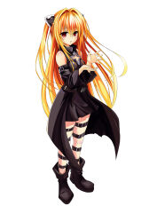 1girl absurdly_long_hair absurdres alternate_costume alternate_hairstyle beret black_shoes blonde_hair blue_brooch blush bow bowtie braid breasts closed_mouth commentary_request dress expressionless eyes_visible_through_hair falling_feathers feathers floating_hair full_body hair_between_eyes hair_intakes hand_up hat hat_feather highres indoors juliet_sleeves kneehighs konjiki_no_yami long_hair long_sleeves looking_at_viewer mary_janes outstretched_arm outstretched_hand puffy_sleeves red_bow red_bowtie red_eyes rpku shoes sidelocks single_braid small_breasts socks solo standing straight_hair to_love-ru to_love-ru_darkness very_long_hair white_dress white_hat white_socks