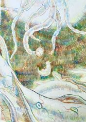 colored_pencil_(medium) colorful commentary creature english_commentary extra_eyes highres looking_at_another looking_at_creature looking_back misophrioida monster multicolored_background no_humans no_mouth no_nose rain_world survivor_(rain_world) tentacles traditional_media void_worm_(rain_world) white_fur wide-eyed worm