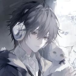 Rule 34 | artist request, black jacket, cat, dark legends, fanart digital, grey eyes, headphones, jacket, male focus, original, shirt, source request, white cat, white shirt