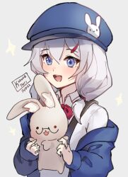 1girl animal black-framed_eyewear blue_eyes blue_hat blue_jacket bow collared_shirt dated glasses grey_background grey_hair hair_ornament hair_over_shoulder hairclip hat highres holding holding_animal jacket kobutanori long_hair low_twintails newsboy_cap off_shoulder open_clothes open_jacket original rabbit red_bow semi-rimless_eyewear shirt signature simple_background solo twintails under-rim_eyewear white_shirt