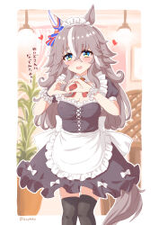 1girl absurdres alternate_costume animal_ears blue_eyes blush breasts cleavage collarbone enmaided grey_hair hair_between_eyes hair_ornament heart heart_hands highres maid maid_headdress open_mouth small_breasts solo szykkz thick_eyebrows thighhighs translation_request umamusume wonder_acute_(umamusume)