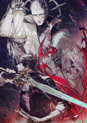 Rule 34 | 1girl, 2boys, black gloves, black hair, black jacket, closed mouth, collared jacket, commentary request, cracked skin, dress, fenrico (wuthering waves), flower, gloves, grey hair, grey shirt, hand on own chest, highres, holding, holding flower, holding lamp, holding sheath, holding sword, holding weapon, jacket, long hair, looking at viewer, male rover (wuthering waves), multiple boys, open clothes, open jacket, phrolova (wuthering waves), rover (wuthering waves), sheath, shirt, spider lily, sword, unsheathed, weapon, white dress, wuthering waves, yellow eyes, yoshi (houndbell)
