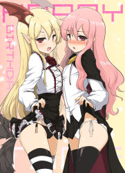 2girls bat_wings black_cape black_legwear black_panties black_skirt blonde_hair blush cape clothes_lift collared_shirt crossover fang flower frilled_skirt frills granblue_fantasy happy_birthday head_wings highres kugimiya_rie lifting_own_clothes long_hair long_sleeves looking_at_viewer louise_francoise_le_blanc_de_la_valliere momio multiple_girls open_mouth panties pink_eyes pink_hair pointy_ears red_eyes red_flower red_rose rose shingeki_no_bahamut shirt side-tie_panties skirt skirt_lift striped_clothes striped_legwear striped_thighhighs thighhighs underwear vampy voice_actor_connection white_panties white_shirt wings zero_no_tsukaima