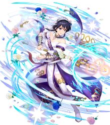 Rule 34 | 1girl, attack, black hair, breasts, bridal veil, candle, candlestand, cleavage, dress, fighting stance, fire emblem, fire emblem: genealogy of the holy war, fire emblem heroes, high heels, highres, holding, holding candle, larcei (bride) (fire emblem), larcei (fire emblem), medium breasts, nintendo, non-web source, official alternate costume, official art, pelvic curtain, purple dress, purple eyes, short hair, short hair with long locks, smile, solo, sparkle, thighhighs, two-sided dress, two-sided fabric, v-shaped eyebrows, veil, white dress