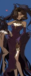 1girl absurdres bare_legs bare_shoulders black_hair black_wings breasts cosplay costume_switch crown_of_thorns dress druvis_iii druvis_iii_(cosplay) druvis_iii_(shrouded_in_thorns) elbow_gloves feathered_wings feet_out_of_frame gloves grin hair_over_one_eye head_wings heart highres holding holding_plant long_dress looking_at_viewer low_wings medium_breasts plant purple_dress purple_eyes purple_gloves reverse:1999 short_hair side_slit sleeveless sleeveless_dress smile solo standing thorns tuesday_(reverse:1999) wings ziyunshanding