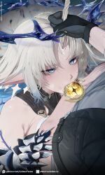 1boy 1girl absurdres black_collar black_gloves black_jacket blonde_hair blue_eyes blue_hair blush breasts censored collar colored_inner_hair commentary crown_of_thorns earrings english_commentary fanbox_username fellatio fleurdelys_(wuthering_waves) floating_earrings gloves grabbing_another&#039;s_horns grey_shirt hetero highres horns jacket jewelry large_breasts long_hair long_horns male_rover_(wuthering_waves) multicolored_hair novelty_censor ohkurrva oral paid_reward_available parted_bangs patreon_username pointy_ears rover_(wuthering_waves) shirt single_horn streaked_hair sweat tacet_mark_(wuthering_waves) very_long_hair watermark web_address wuthering_waves yellow_horns